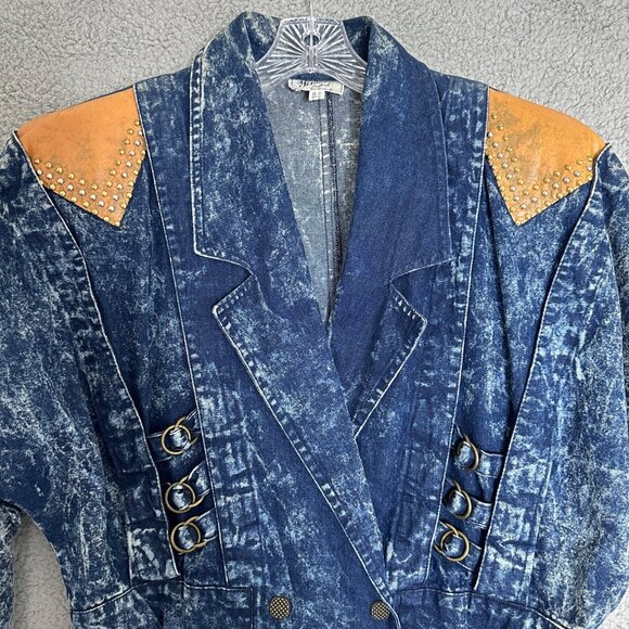 90s Acid Wash Denim Jacket Womens Medium‎ Studded Buckle Accents Western Cowgirl - Picture 5 of 9